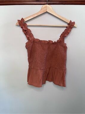 Blu‎ Pepper Terracotta Smocked Peplum Ruffle Strap Tank Top Rust Large